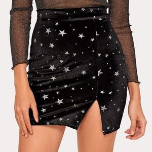Glittery Star Print Velvet Black Bodycon Skirt